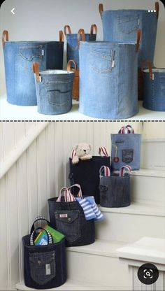 several different pictures of denim bags on the stairs