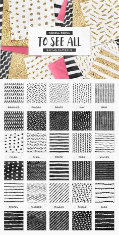 an assortment of black and white patterns with gold foil