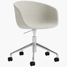 a white office chair with wheels and casteors on an isolated surface, viewed from the front