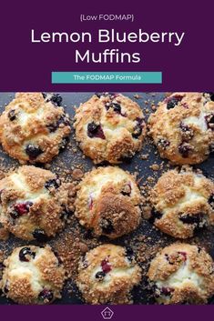 lemon blueberry muffins on a baking sheet with the title low fodmap