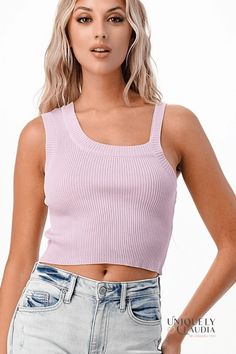 Our Sarah Sleeveless Crop Tank Top is perfect basic with a stylish twist! This all-season not your typical ribbed top is one-size (fits small - large) and it has a regular and an uneven strap, cute and sexy. It is 65% Cotton, and 35% Polyester with tons of stretch, and it comes in two beautiful colors: Lavender and Sky. Chic Ribbed Solid Color Tank Top, Chic Solid Ribbed Tank Top, Chic Solid Color Ribbed Tank Top, Trendy Ribbed Scoop Neck Tank Top, Chic Pink Ribbed Tank Top, Trendy Pink Seamless Tank Top, Trendy Solid Color Tank Crop Top, Solid Color Tank Top For Day Out, Casual Ribbed Camisole Crop Top