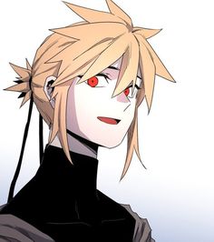 an anime character with blonde hair and red eyes looking at the camera while wearing a black outfit