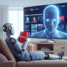 a robot sitting on top of a couch in front of a flat screen tv holding a popcorn box