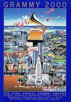 the poster for the annual gramm awards is shown in front of a cityscape