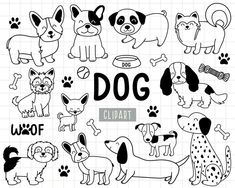 dog clipart with different dogs and their names in black on a white checkered background