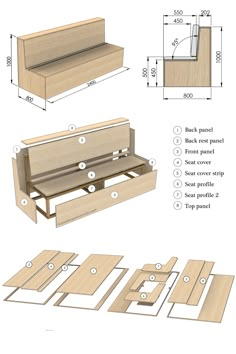 the plans for a bench with drawers are shown in three different sizes and shapes, including one