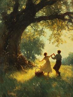 a painting of two people walking in the grass under a tree with a basket on it