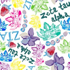 a colorful pattern with letters and flowers on it