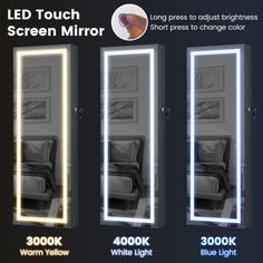 the light up mirror is shown in three different colors and features an image of a reclining chair