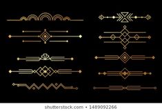 a set of gold and black art deco style dividers on a black background for text or image