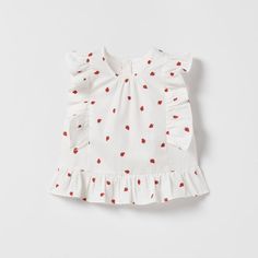 Cute Zara Strawberry Print Ruffled Shirt For Baby Girl, Brand New With Labels, Pet And Smoke Free House Sweet White Tops With Strawberry Print, Cute Sleeveless Strawberry Print Top, Cute Sleeveless Top With Strawberry Print, Cute Tops With Ruffled Collar, Sweet Red Summer Tops, Cute Cotton Top With Ruffled Collar, Cute Cotton Tops With Ruffled Collar, White Short Sleeve Tops With Strawberry Print, Red Sleeveless Top With Strawberry Print