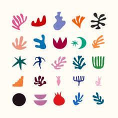 an art print with different shapes and colors on it's white background, including plants