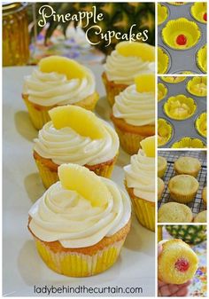 cupcakes with white frosting and pineapple on top are shown in pictures