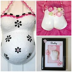 there are three pictures of pregnant women in white bras and one has pink flowers on her head