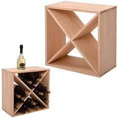 a wooden wine rack with bottles in it and a bottle of wine on the other side