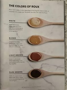 four spoons with different types of sauce on them