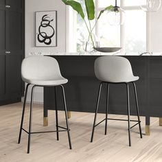 two white stools sitting in front of a kitchen counter