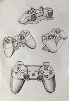 four different types of video game controllers in various stages of drawing, each with their own device