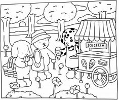 a black and white drawing of two people at an ice cream stand with a dog