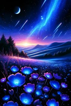 A magical night sky landscape with glowing blue flowers, shooting stars, and a crescent moon. Night Sky Landscape, Magical Night Sky, Glowing Flowers, Relaxing Nature, Anime Reference, Sky Day, Sky Stars, Magical Night, Coloring Ideas