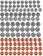 an assortment of orange and silver buttons