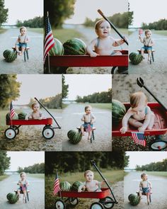 a baby sitting in a wagon with watermelon and an american flag on it