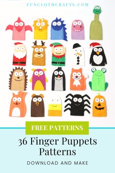 36 finger puppet patterns | Free Patterns | Felt finger puppets Felt Puppet Patterns Free, Felt Finger Puppet Patterns Templates Free, Finger Felt Puppets, How To Make Felt Finger Puppets, Felt Puppets Patterns, Free Felt Finger Puppet Patterns, Diy Hand Puppets Pattern, Diy Hand Puppets For Kids, Felt Puppets Diy For Kids