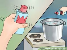 a person is holding a spray bottle near a stove top with a pot on it