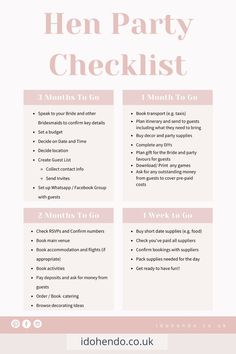 a pink and white checklist with the words hen party checklist