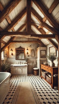 an old fashioned bathroom with wood beams and tile flooring on the walls, along with a white bathtub