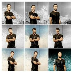 multiple pictures of a man with his arms crossed in front of water splashing behind him