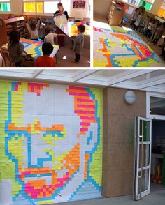 there are two pictures of people in the room and one is made out of legos