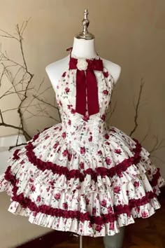 Red/White Halterneck Romantic Rose Print Ruffle Bowknot Sweet Chinese – LolitaInside Red Girly Aesthetic, Lovecore Clothes, Real Coquette, Lovecore Fashion, Red And White Outfits, Pink And Red Dress, Red Rose Dress, Red Ruffle Dress, Kawaii Outfit