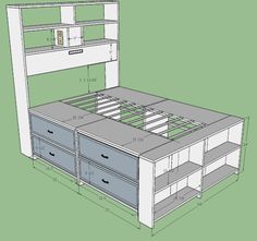 a drawing of a bed with drawers and shelves on the bottom shelf, as well as an overhead storage unit