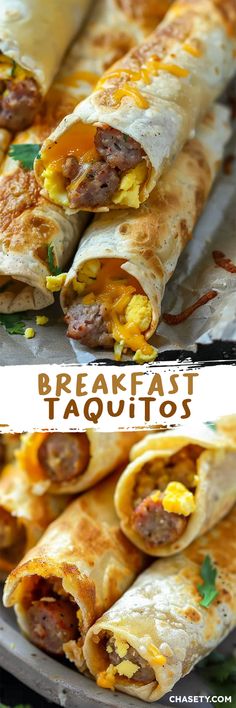 breakfast burritos with eggs, sausage and cheese are on a platter ready to be eaten