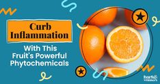 oranges on a plate with the words curb information overlaying them and below it