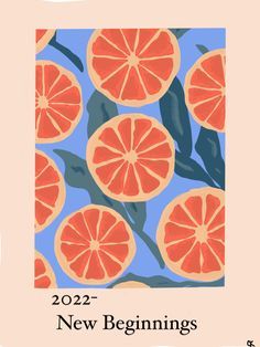 an image of oranges on a blue and pink background with the words, 2012 new beginnings