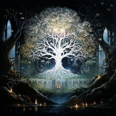 a painting of a white tree in the middle of a forest with lights on it