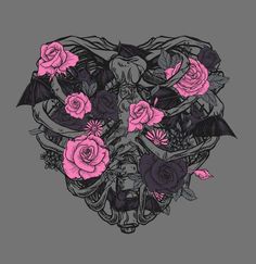 a skull with pink roses on it's face and horns in the shape of a heart