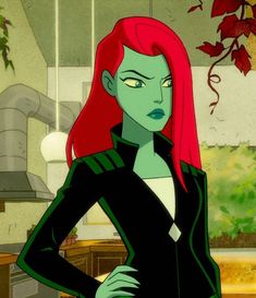 an animated character with red hair and green eyes standing in front of a kitchen counter