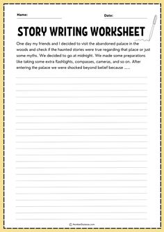 the story writing worksheet is shown in black and white, with yellow trimmings