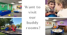 children's playrooms with slides, toys and tables in the background text reads want to visit our buddy rooms?