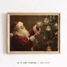 a painting of santa claus decorating a christmas tree with baubles and ornaments