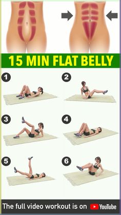 a woman is doing exercises for her stomach and back with the words, 15 min flat belly