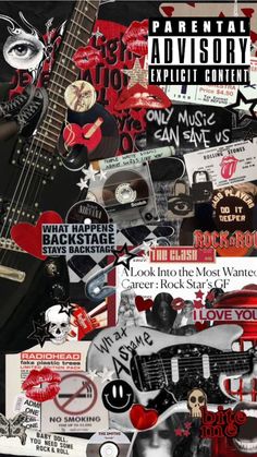 an assortment of stickers and decals on a guitar body, with the caption's name added