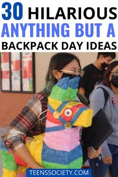 a group of people standing next to each other in front of a building with text overlay that reads 30 hilarious anything but a backpack day ideas