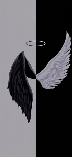 an angel wing with a halo above it on a black and gray background, next to another image