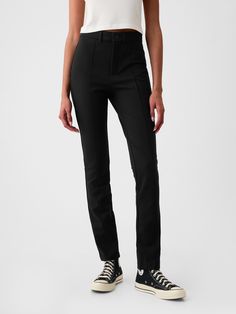 High Rise Ponte Skinny Pants | Gap Fitted Straight Leg Bottoms With Seam Detailing, Fitted Workwear Pants, Fitted Workwear Pants With Button Zip Fly, Fitted Work Pants With Button Zip Fly, High-waisted Pants With Button Zip Fly, Fitted High-waisted Pants With Button Zip Fly, Tight Straight Leg Work Pants, Tight Straight Leg Pants For Work, Gap High-waisted Work Pants