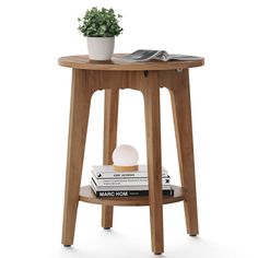 a wooden table with books and a plant on top