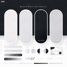 the black and white color palettes are all in different shapes, sizes, and colors